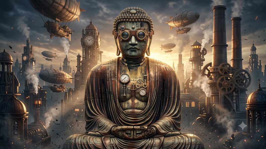 A steampunk-style statue of Buddha sits in meditation amidst a city skyline with airships and industrial smokestacks.
