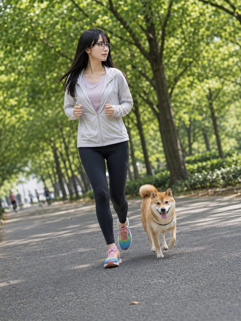 A young woman with long black hair and glasses runs with her Shiba Inu dog on a paved path in a park on a sunny day.