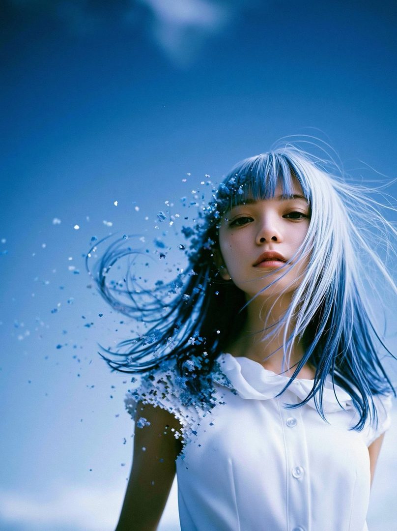 A young woman with long blue hair and bangs, wearing a white blouse, with blue glitter particles floating around her head and shoulders against a bright blue sky.