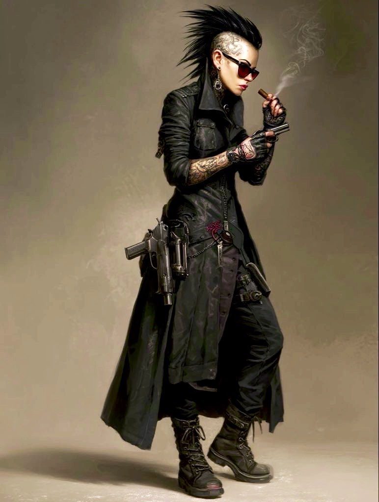 A punk woman with a mohawk hairstyle, sunglasses, and tattoos, holding a gun and smoking a cigar.