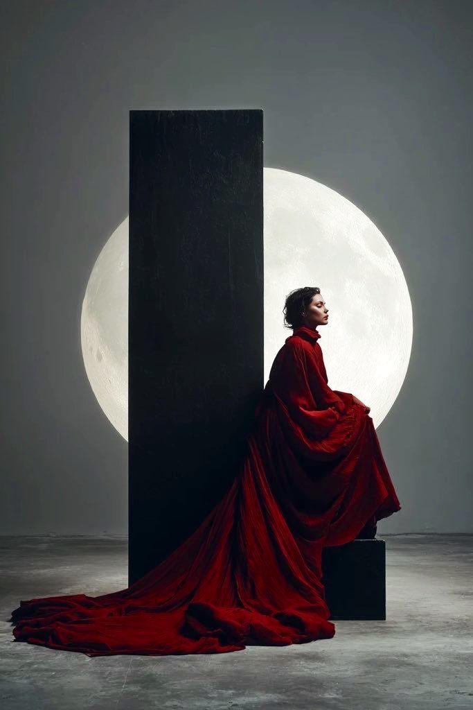 A woman in a flowing red dress sits in a studio setting with a large moon backdrop and a black pillar.