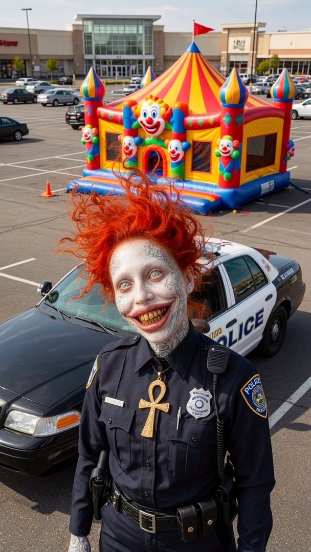 A person in a police uniform with elaborate facial tattoos and bright red hair stands in front of a bouncy castle and a police car.