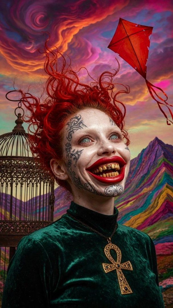 A woman with bright red, wild hair and striking facial tattoos smiles widely, looking up at a red kite against a dramatic, colorful sky.