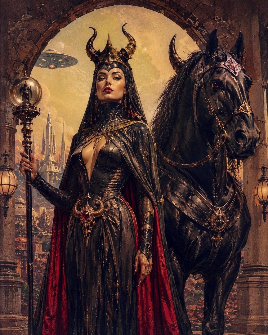 A regal woman in a dark, ornate dress and crown stands beside a black horse, holding a staff. A futuristic city and a UFO are visible in the background.