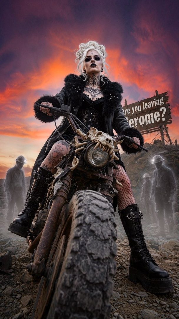 A gothic woman with white hair and dark makeup sits on a motorcycle in a post-apocalyptic landscape.