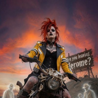 A woman with spiky red hair, wearing a yellow and black leather jacket and a black corset, sits on a motorcycle with a skull-themed front. She has dark makeup and tattoos. A billboard in the background reads 'Are you leaving Jerome?'. The sky is a dramatic sunset.