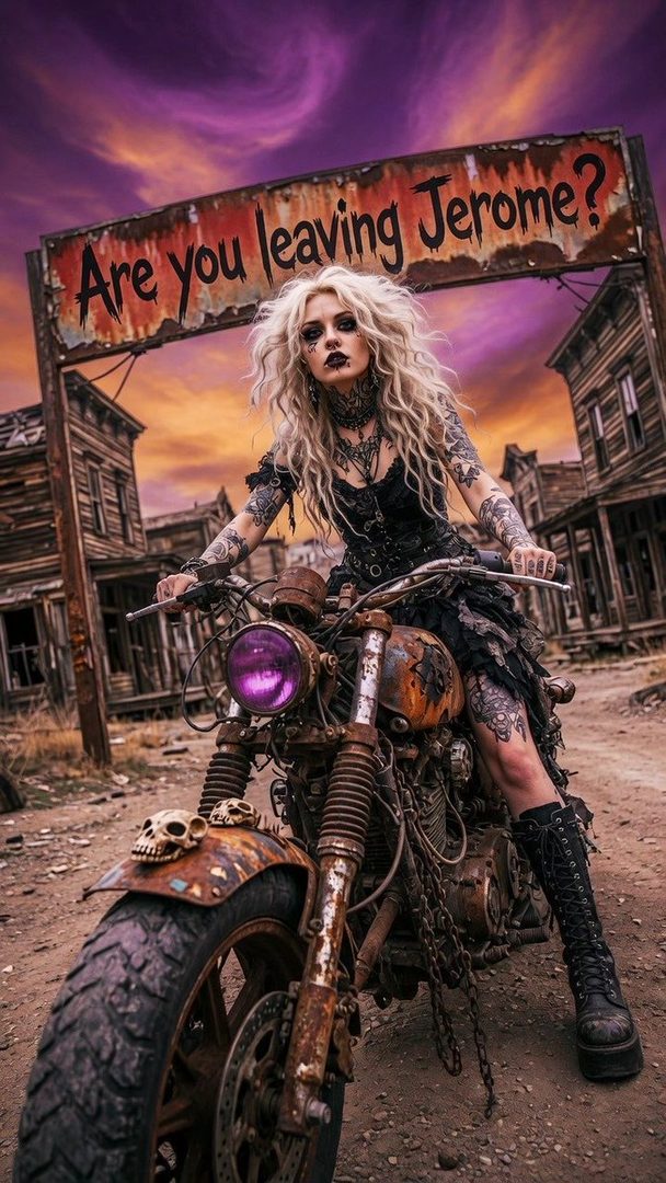 A gothic woman with blonde hair and tattoos sits on a rusty motorcycle in a desolate town, with a sign that reads 'Are you leaving Jerome?'