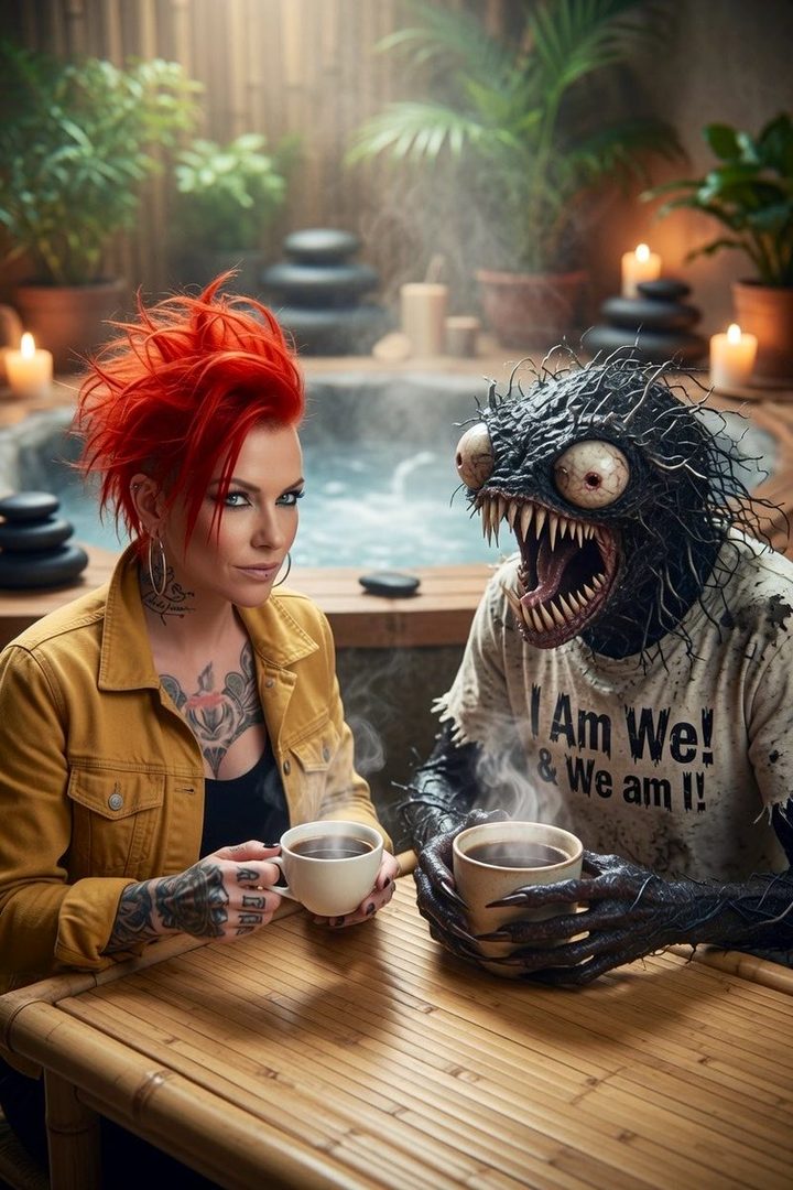 A woman with vibrant red spiky hair and tattoos sits across from a creature with sharp teeth and claws, both holding cups of coffee in a steamy, spa-like setting.