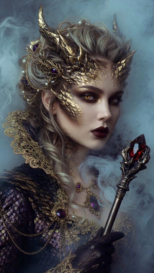 A photorealistic portrait of a woman with dragon-like golden headwear and makeup, holding a jeweled staff.