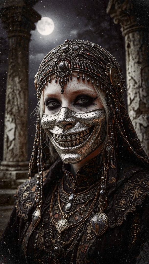 A woman with a metallic mask covering her face, adorned with intricate jewelry and a headdress, stands against a backdrop of ancient ruins and a full moon.