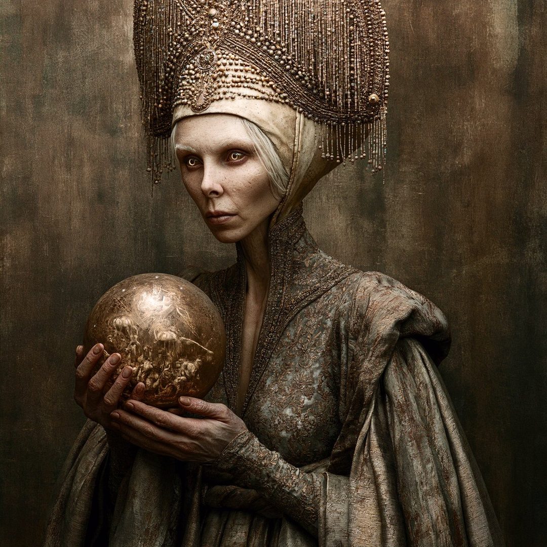 A woman with pale skin, white hair, and striking eyes, wearing an ornate golden headdress and a detailed gown, holds a golden orb in her hands.