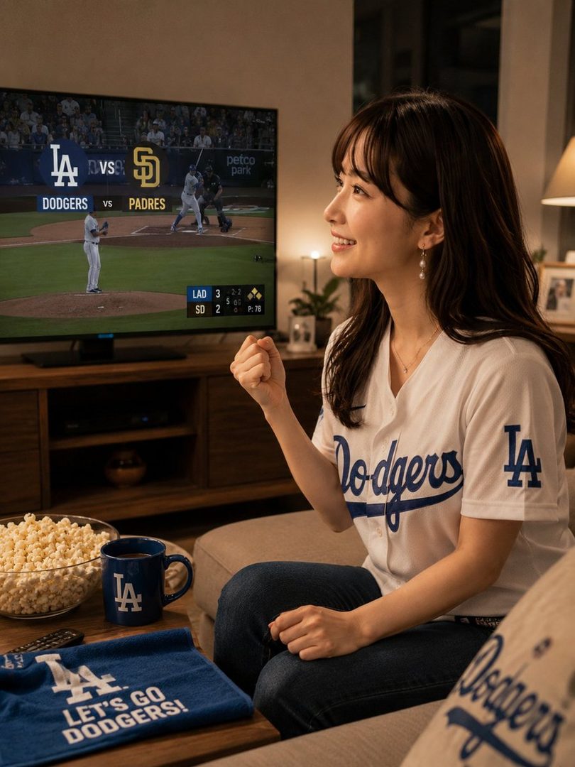 A young woman wearing a Dodgers jersey watches a baseball game on TV, with popcorn and a Dodgers mug nearby.