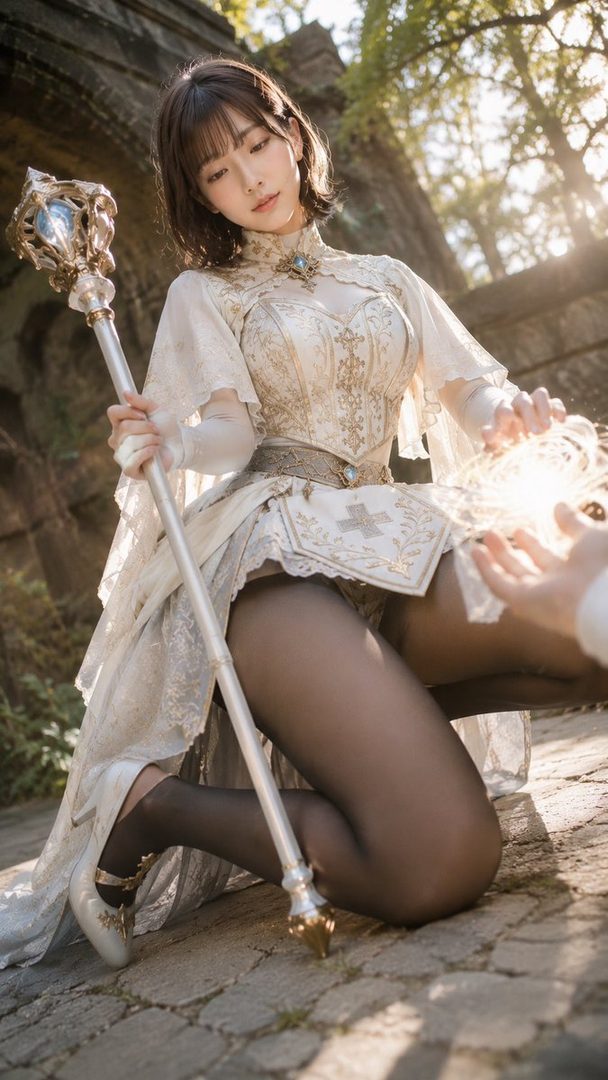 A young woman in an ornate white and gold dress, holding a staff, poses outdoors in a sunlit, ancient-looking setting.