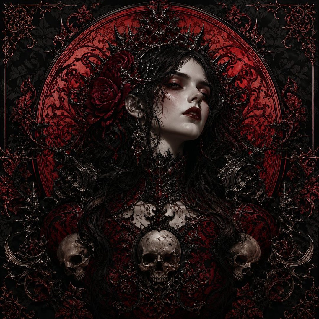 A gothic portrait of a woman with dark hair, wearing a crown and a red dress adorned with skulls.