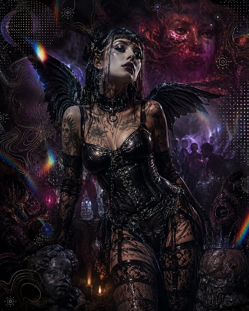 A gothic portrait of a woman with black wings, intricate tattoos, and dark, revealing attire, set against a surreal, abstract background with rainbow light effects.