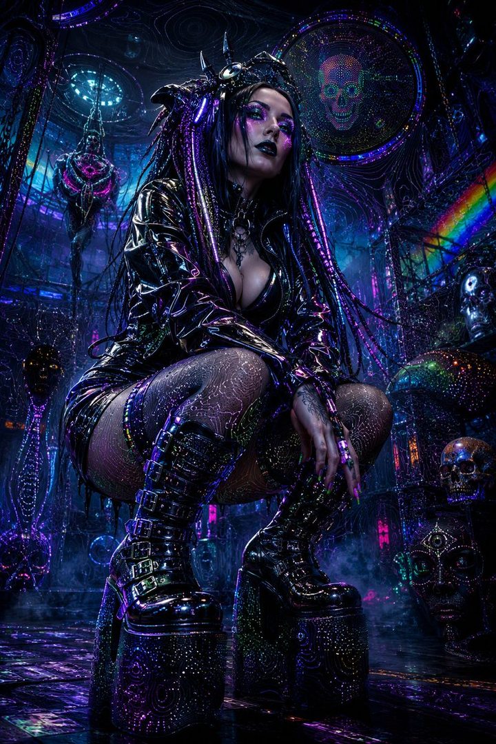 A woman with long black hair and gothic makeup, wearing a shiny black outfit and platform boots, posing in a dark, neon-lit, futuristic environment.