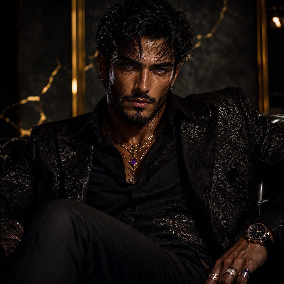 A photorealistic portrait of a man with dark, curly hair, wearing a black shirt and a textured black jacket, adorned with multiple gold necklaces and rings. He is seated indoors, looking intensely at the camera.