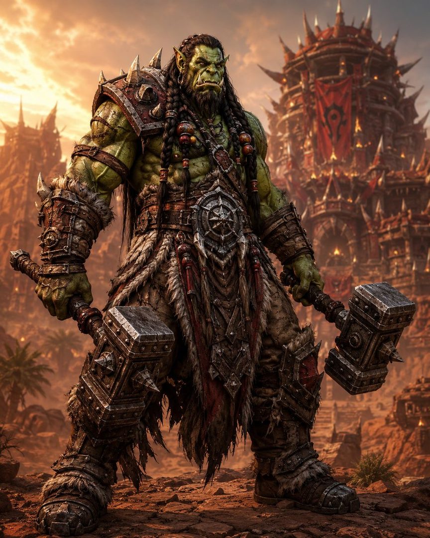 A powerful Orc warrior stands in front of a dark fortress, holding two massive hammers.