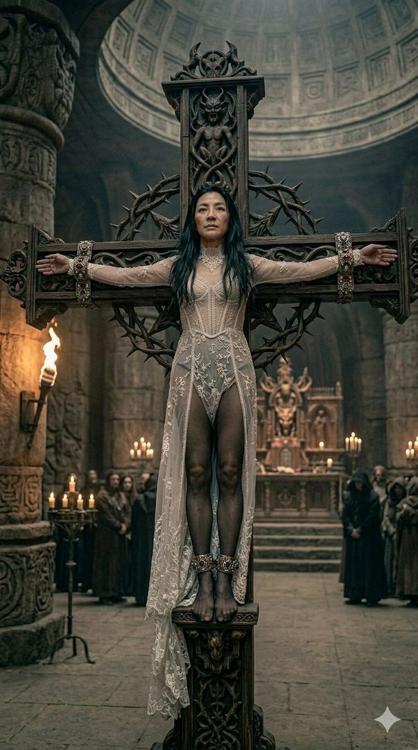 A woman in a white lace dress is displayed on a wooden cross in a dimly lit, gothic-style chamber with onlookers in the background.