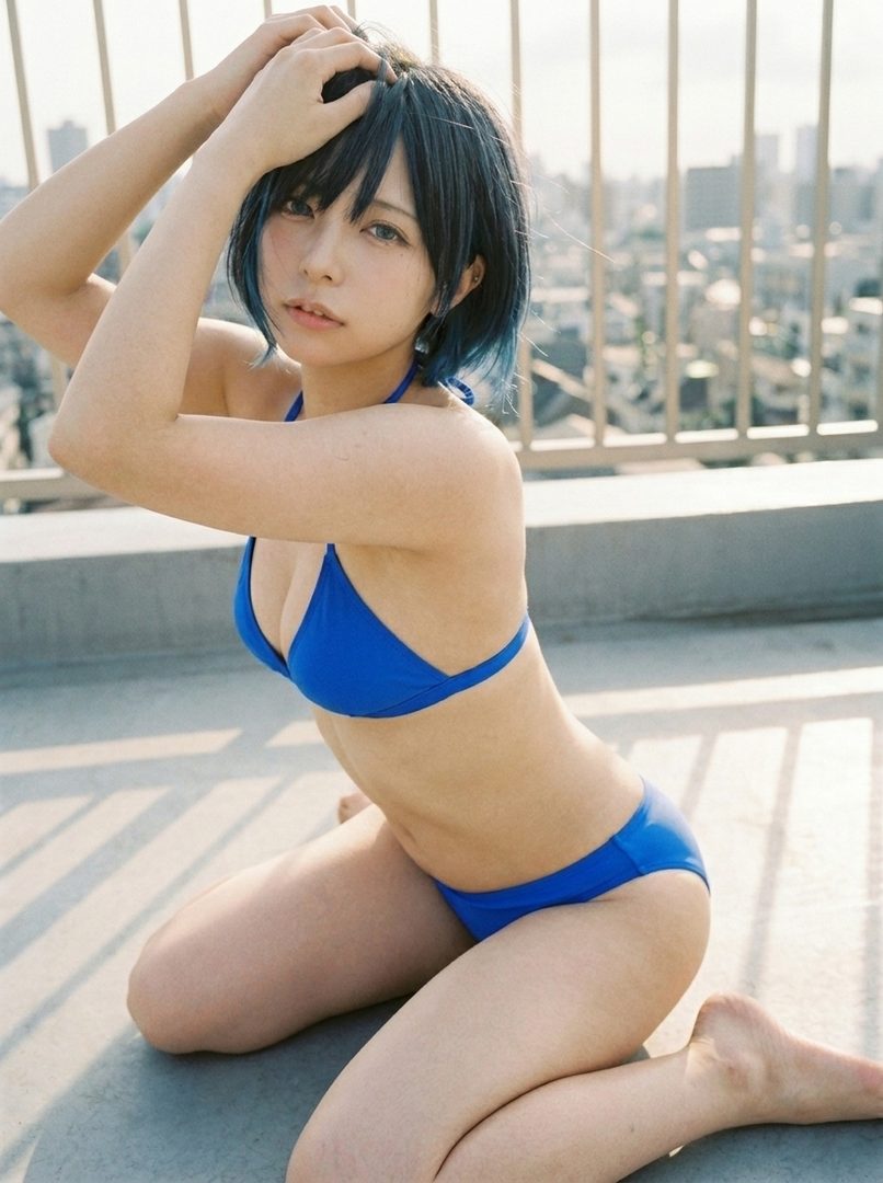 A young woman with short black hair and blue highlights, wearing a blue bikini, poses on a rooftop with a city skyline in the background.
