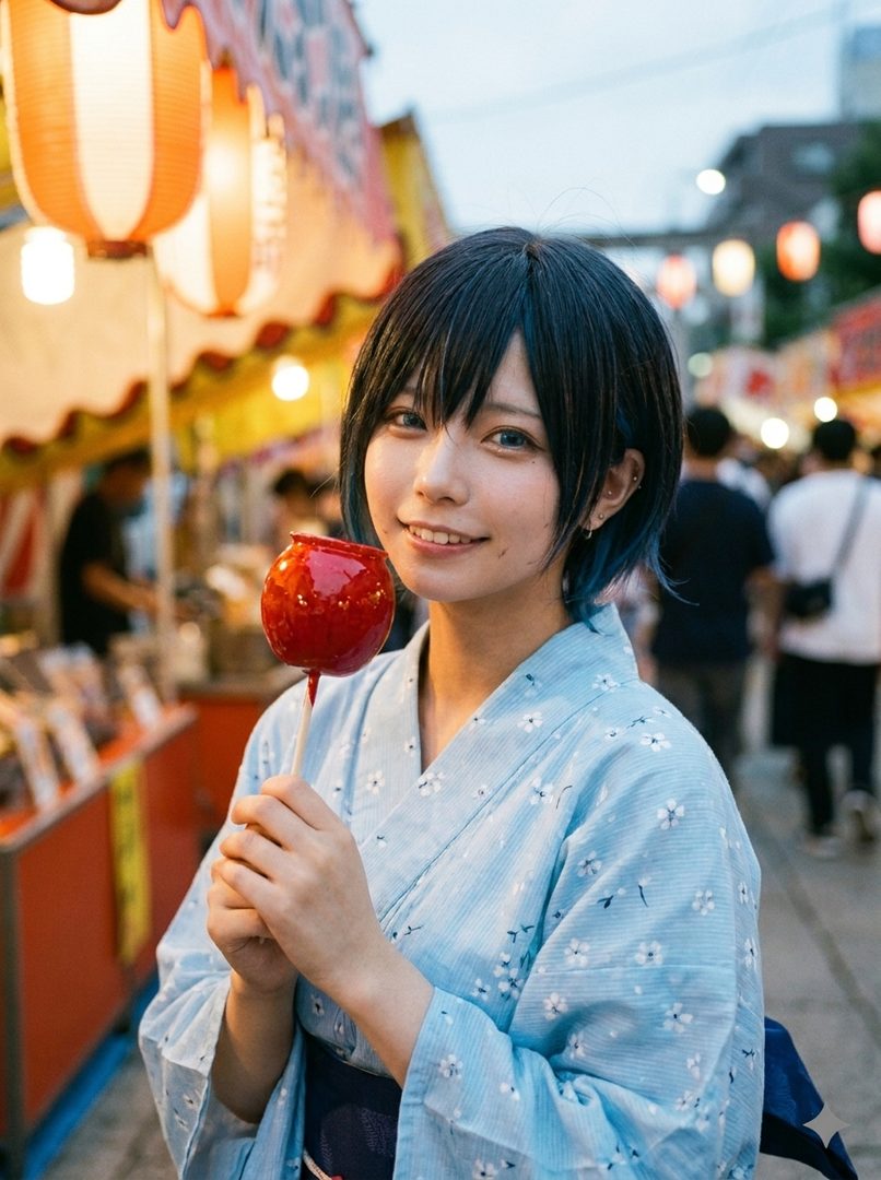 A young Japanese woman with short black hair and blue highlights, wearing a light blue yukata with a floral pattern, holds a red candied apple at a street festival.