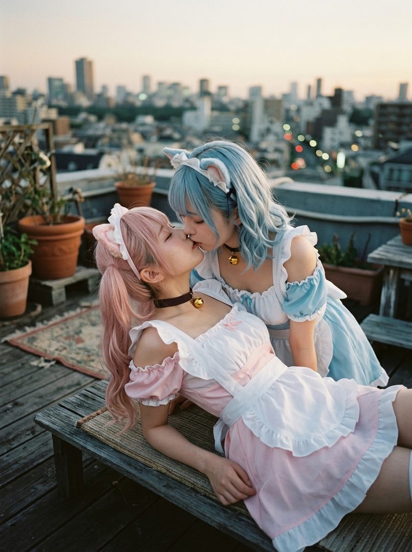 Two young women in maid outfits with cat ears kissing on a rooftop overlooking a city at dusk.