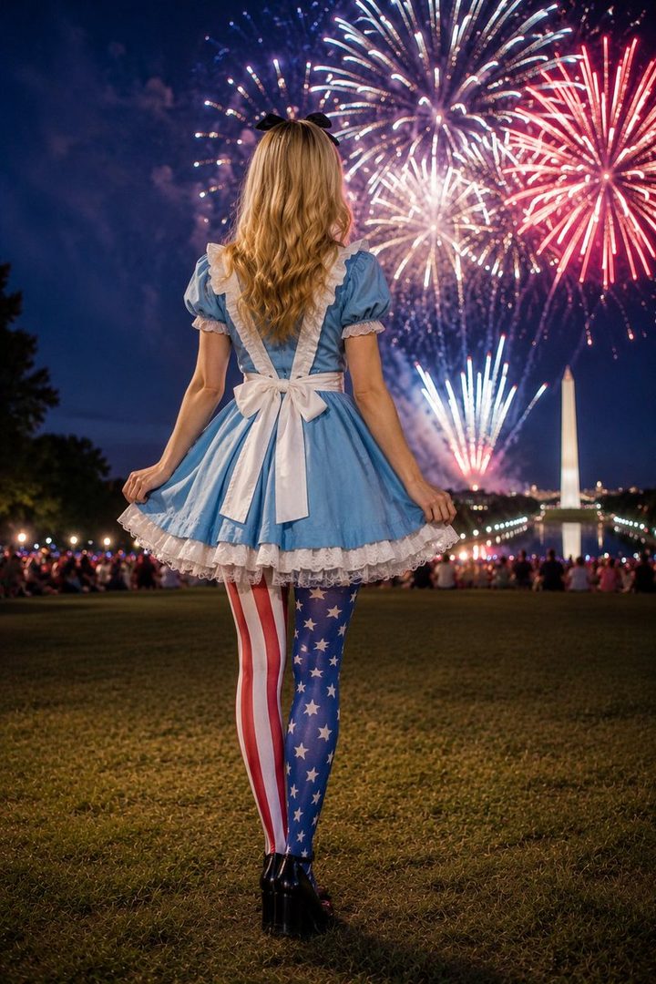 A woman in an Alice in Wonderland-style dress and patriotic stockings stands in front of a fireworks display.