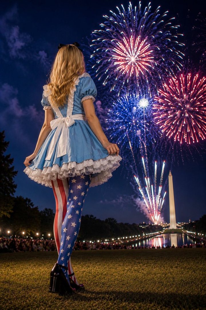 A woman in a blue Alice in Wonderland-style dress and patriotic leggings stands in front of fireworks and the Washington Monument.