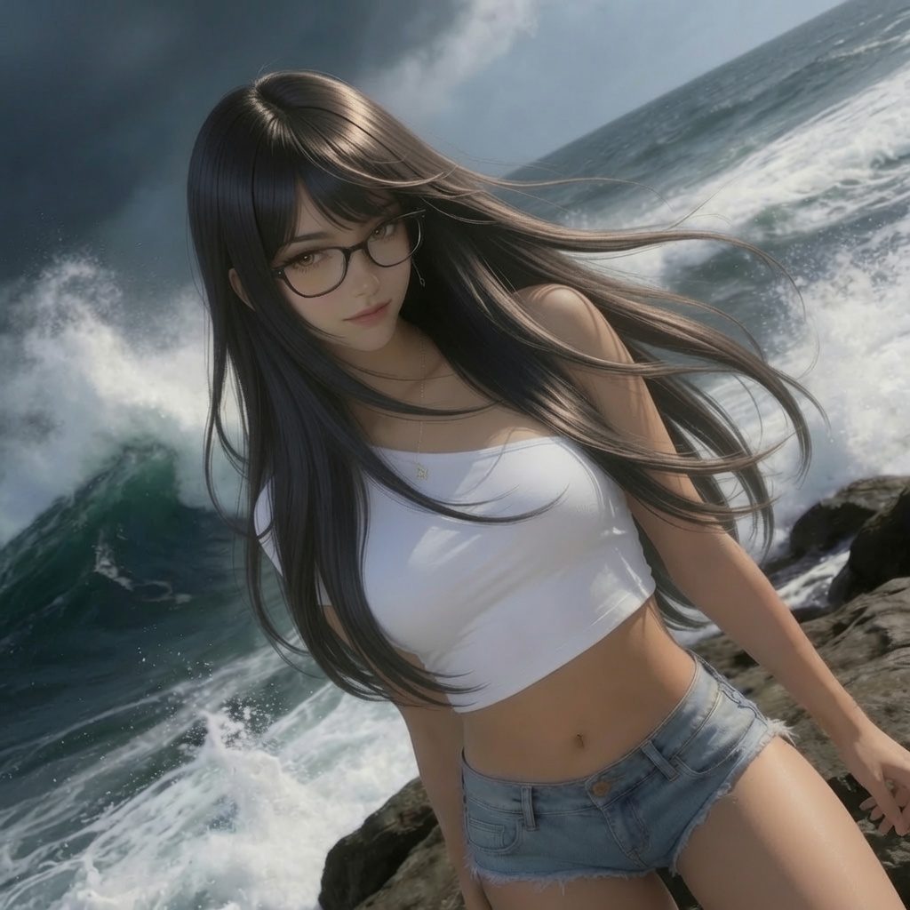 A young woman with long black hair and glasses poses on a rocky beach with waves crashing behind her.