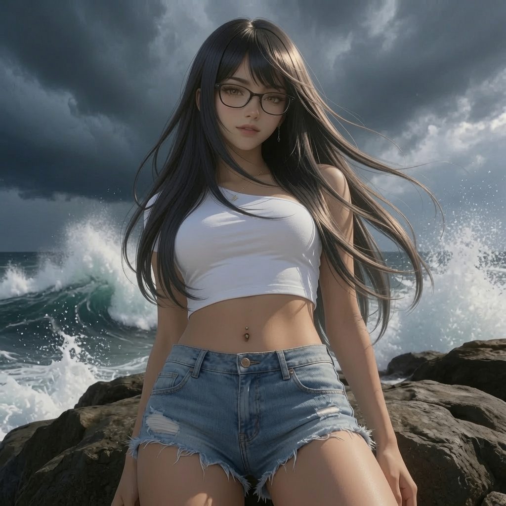 A young woman with long black hair and glasses poses on a rocky beach with stormy waves in the background.