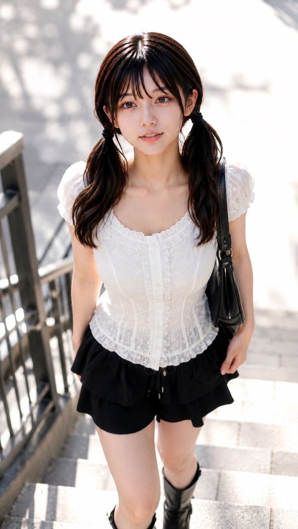 A young East Asian woman with dark hair in pigtails, wearing a white lace top and black shorts, walks up outdoor stairs.