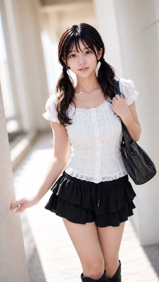 A young East Asian woman with dark hair in pigtails, wearing a white lace top and a black ruffled skirt, stands outdoors.