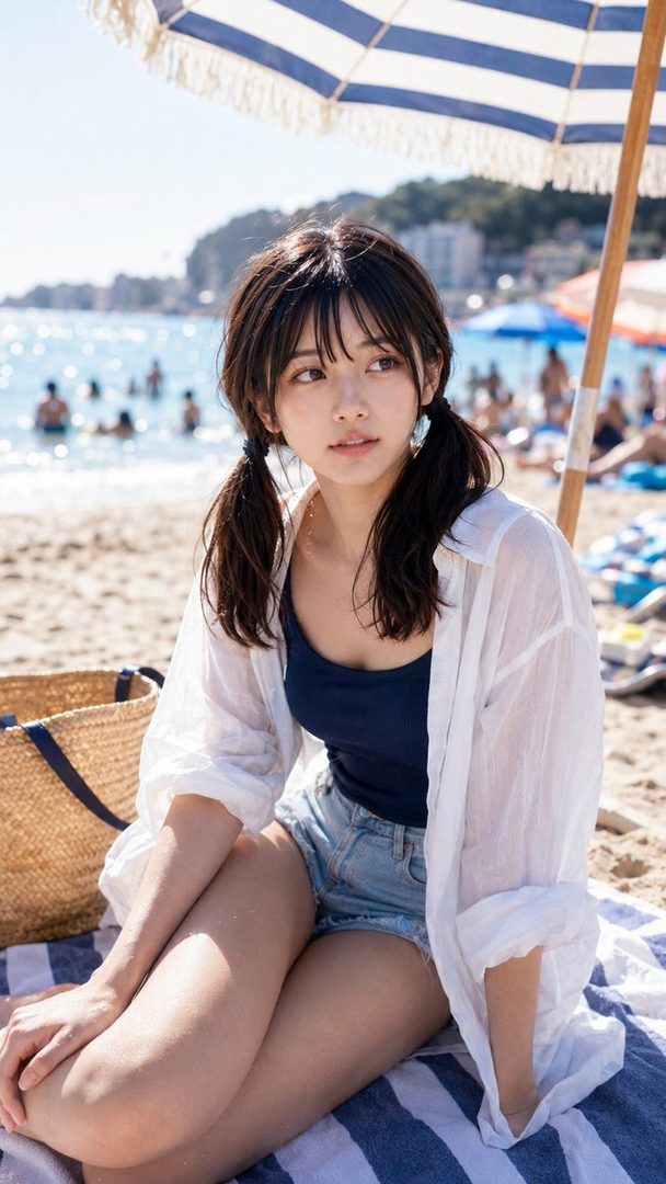 A young woman with dark hair in pigtails sits on a beach towel on the sand, wearing a navy blue swimsuit, denim shorts, and a white open shirt. She is under a beach umbrella with the ocean and beachgoers in the background.
