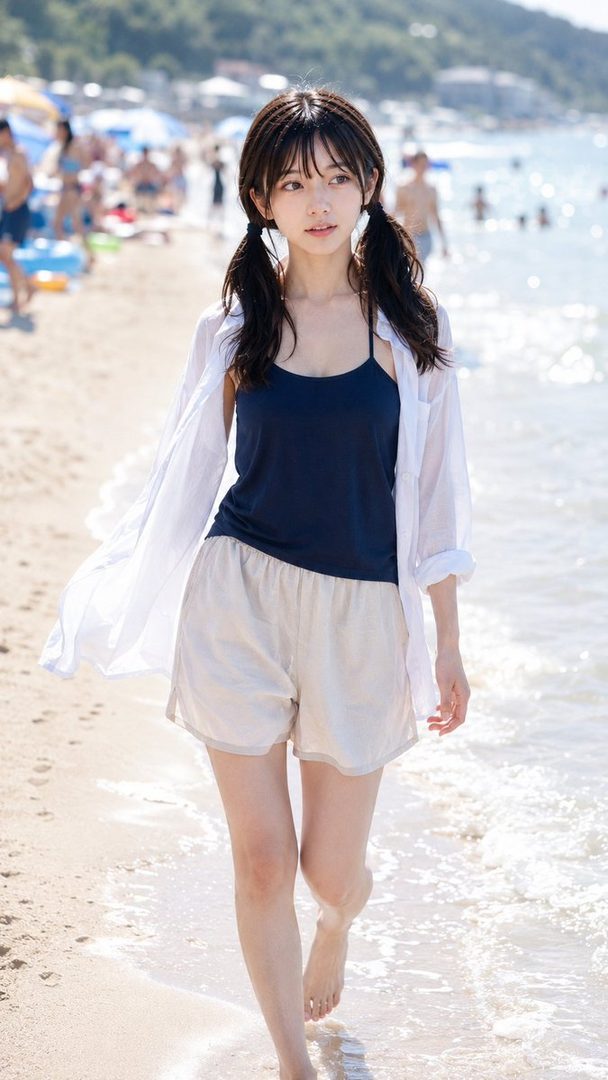 A young woman with dark hair in pigtails walks on a sunny beach, wearing a navy camisole, white open shirt, and light shorts.