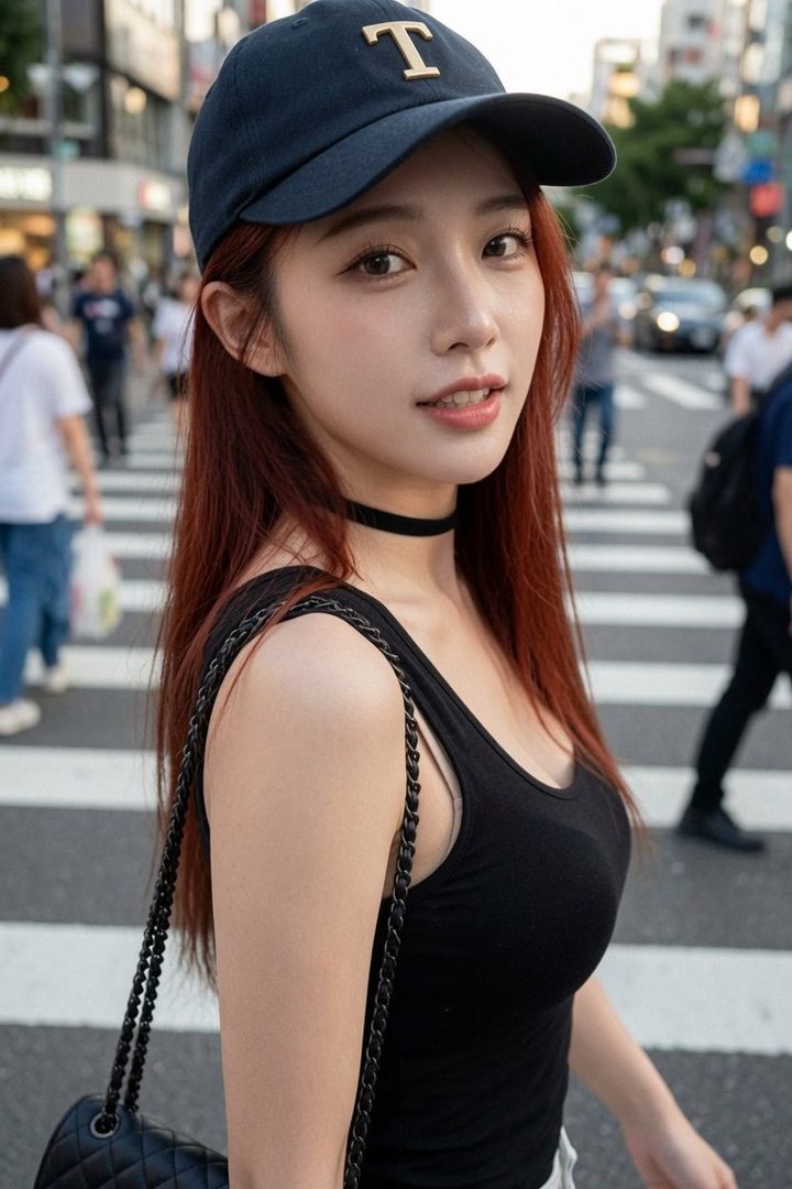 A young East Asian woman with long red hair, wearing a black tank top and a navy blue baseball cap, walks across a crosswalk in a city street.