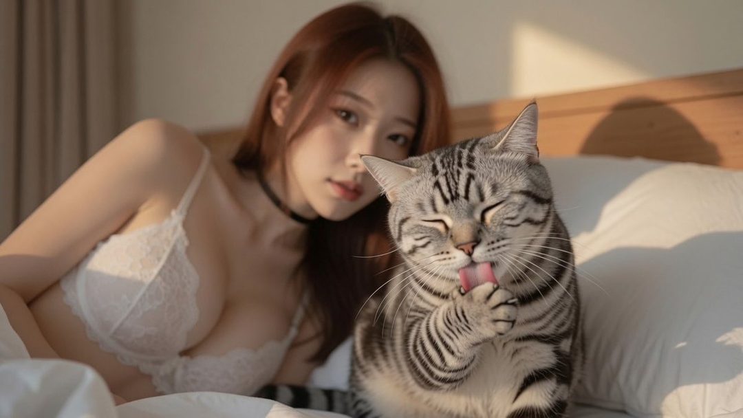 A young woman in a white lace bra lies on a bed next to a tabby cat, bathed in warm sunlight.