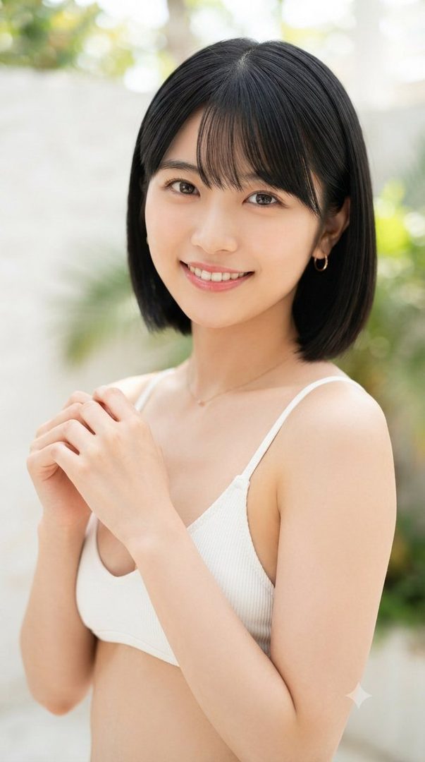 A young East Asian woman with short black hair and bangs, wearing a white ribbed bikini top, smiles gently outdoors.