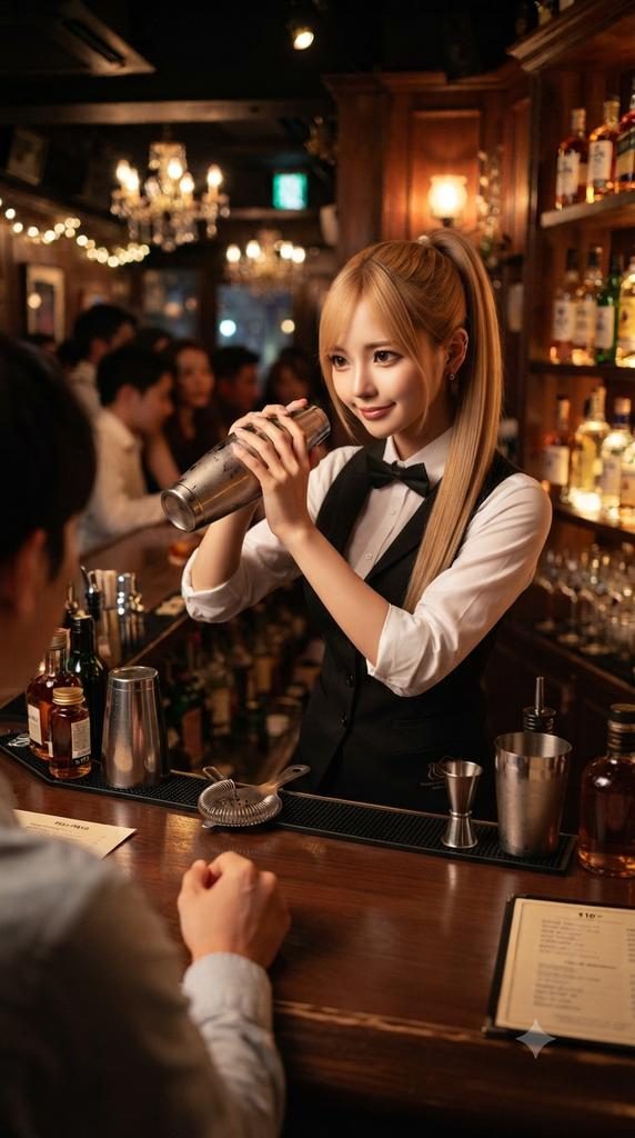 A young woman with blonde hair in a ponytail, wearing a bartender's uniform, shakes a cocktail shaker behind a bar. Another person is visible in the foreground.