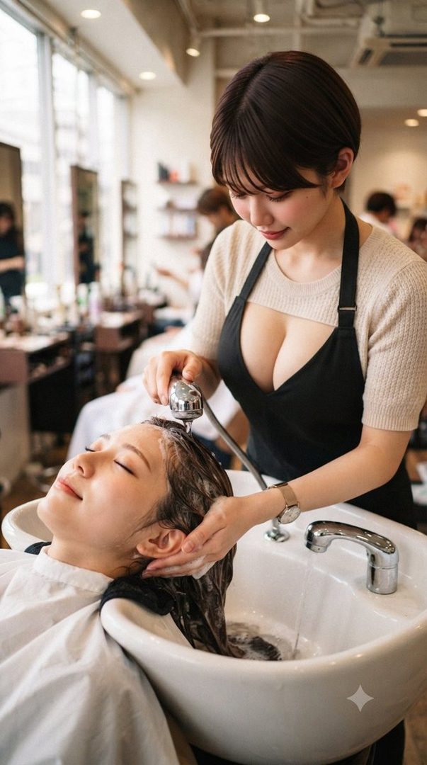 A hairdresser washes a client's hair in a salon, with the hairdresser wearing a revealing outfit.