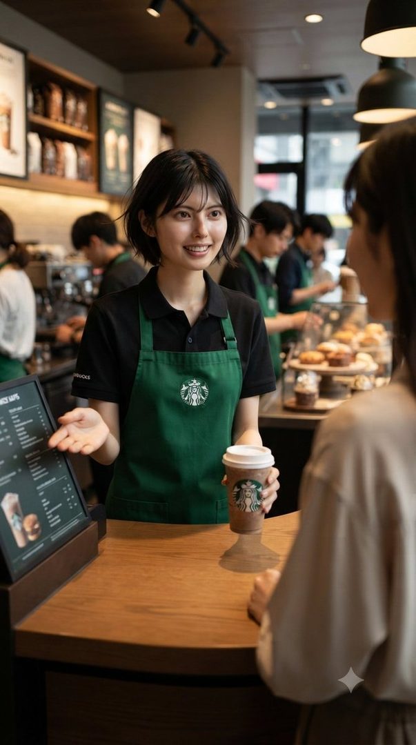 A young woman in a Starbucks uniform smiles while holding a coffee cup and gesturing towards a menu.
