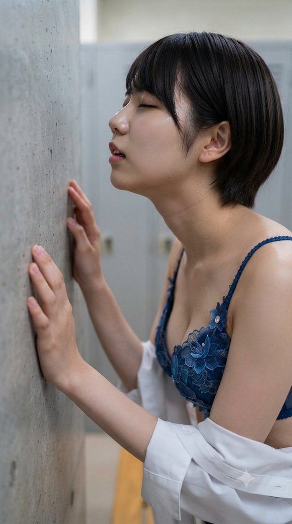 A young woman with short black hair leans against a concrete wall, eyes closed, wearing a blue lace bra and an open white shirt.