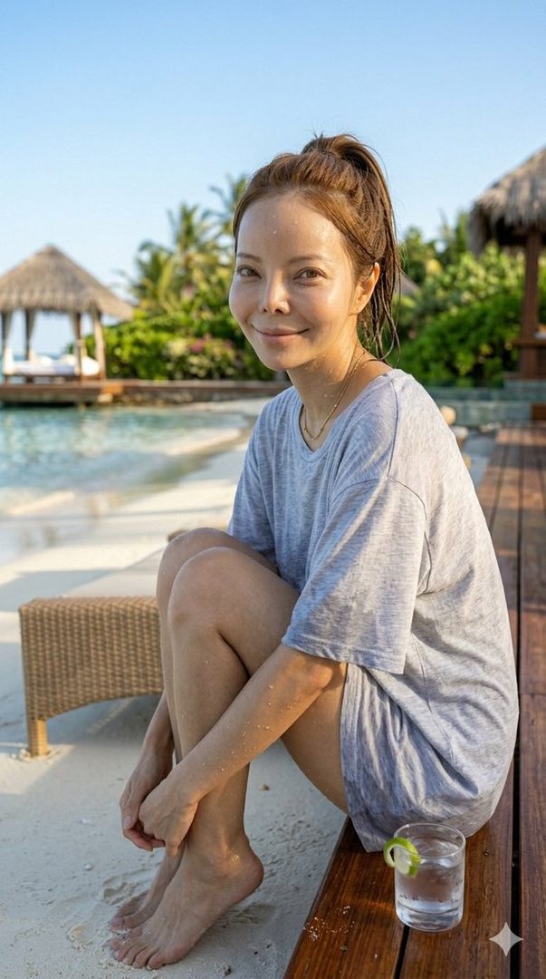 A young East Asian woman with brown hair in a ponytail, wearing a grey t-shirt, sits on a wooden deck by a beach, smiling at the camera.