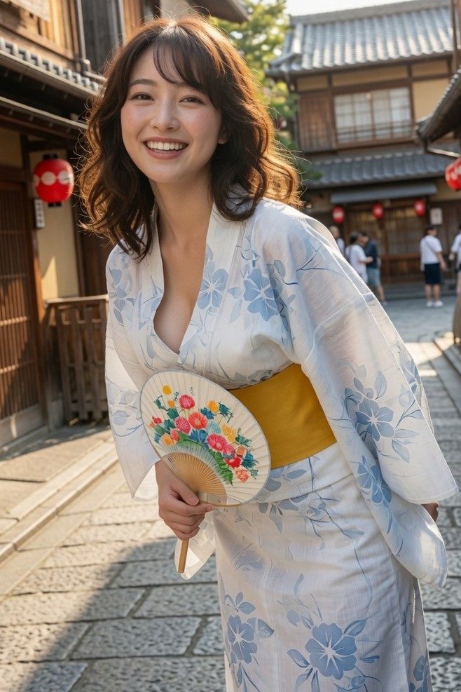 A smiling East Asian woman in a blue floral yukata and yellow obi, holding a fan, stands on a traditional Japanese street.