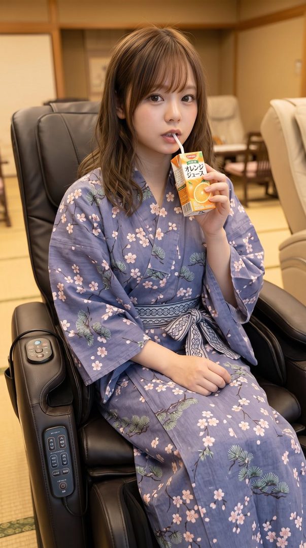 A young woman in a purple floral yukata drinks orange juice from a carton while sitting in a massage chair indoors.