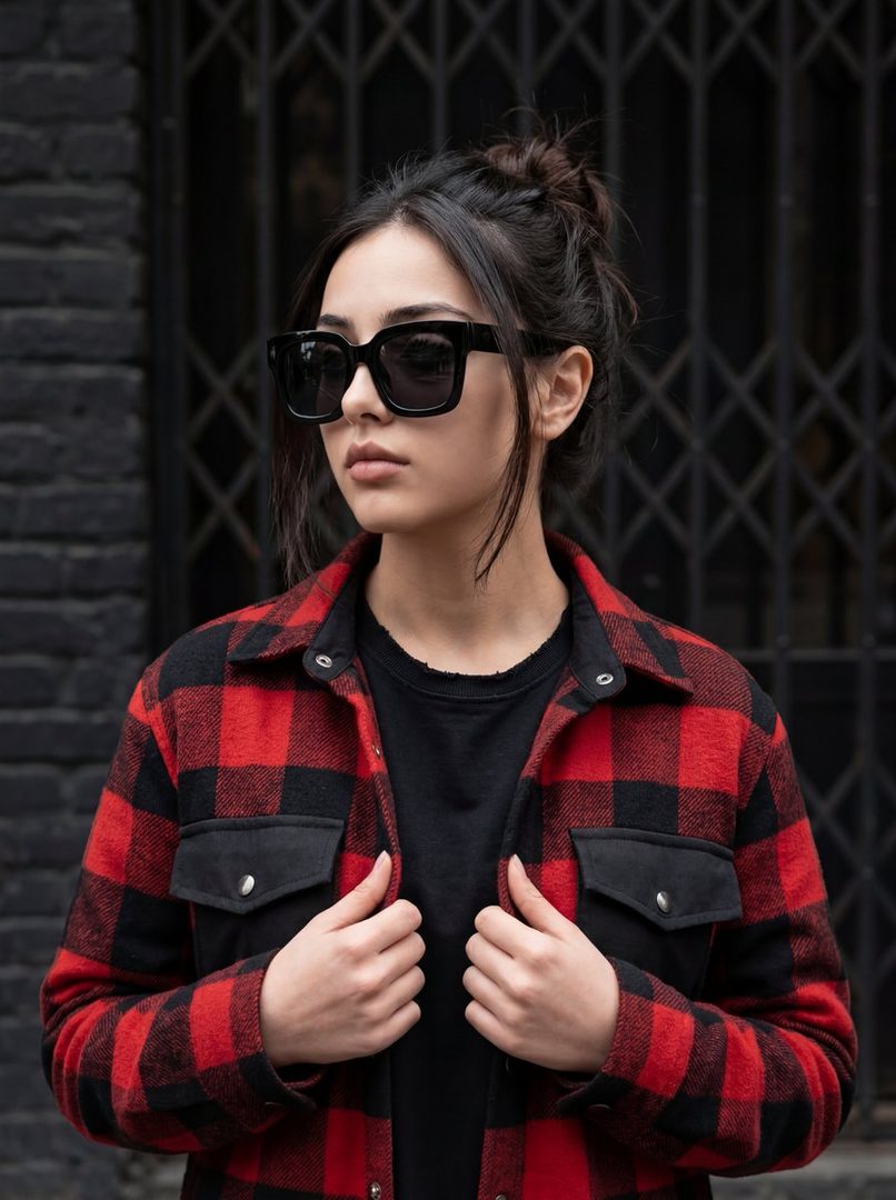 A stylish young woman wearing sunglasses and a red and black plaid jacket poses outdoors.