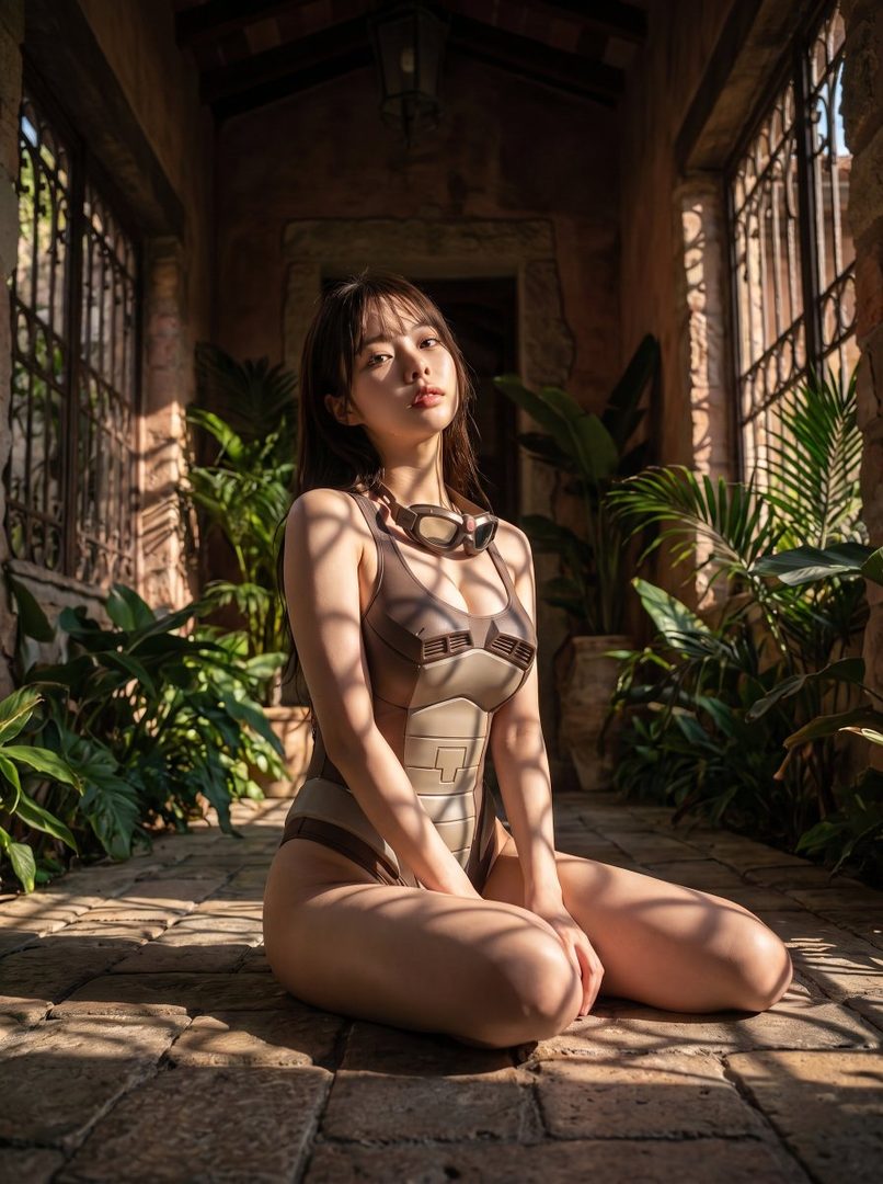 A young woman in a stylish brown swimsuit and goggles sits on a stone floor, surrounded by lush greenery and architectural elements, bathed in dappled sunlight.