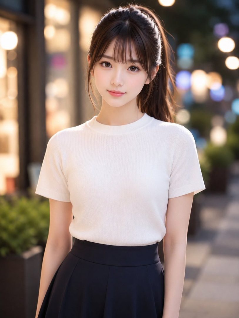 A young East Asian woman with brown hair in a ponytail, wearing a white t-shirt and a dark skirt, stands outdoors at night with bokeh lights in the background.