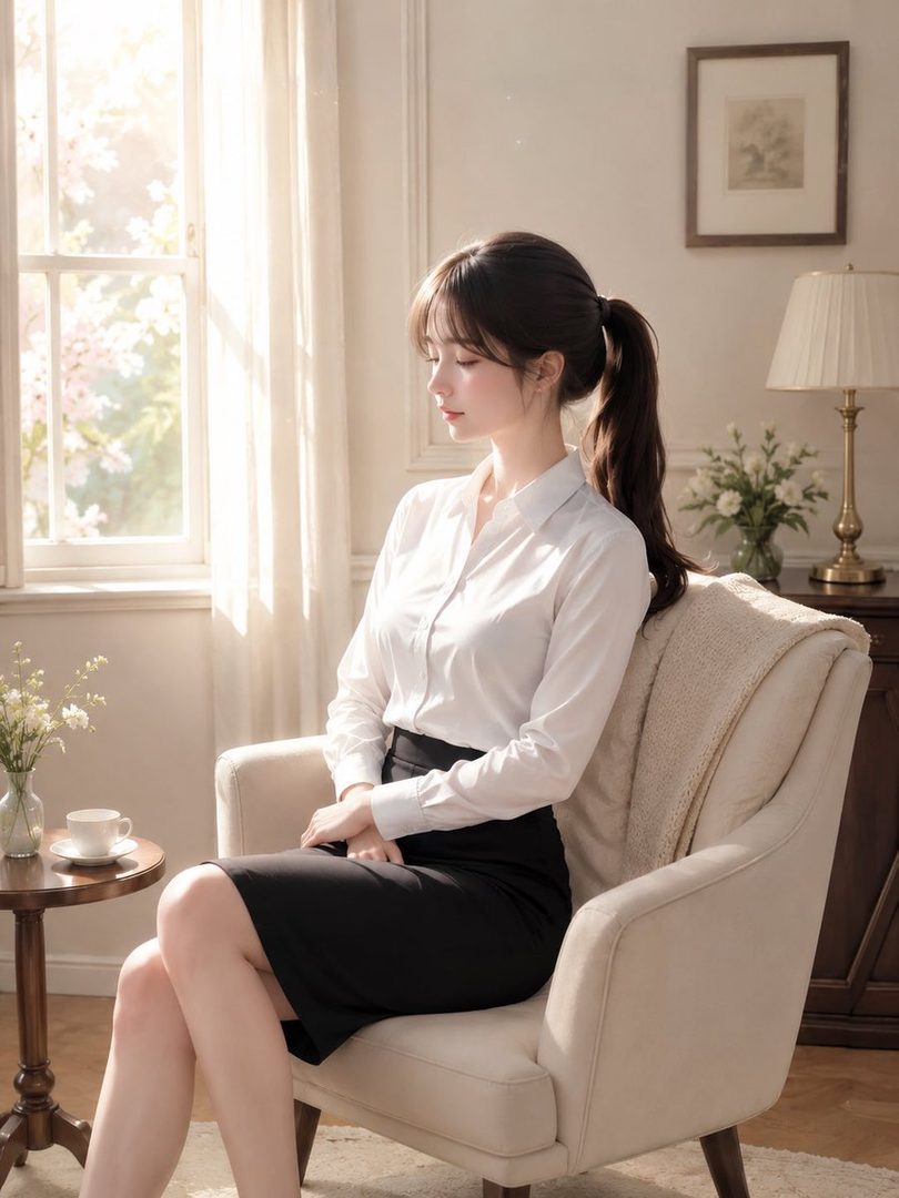 A young East Asian woman with her hair in a ponytail, wearing a white blouse and black skirt, sits in a chair by a window, looking down peacefully.