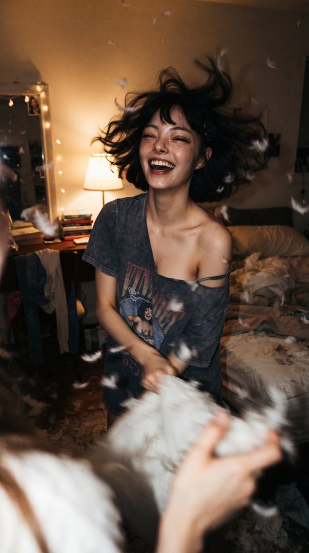 A young woman with short black hair laughs joyfully in a bedroom, feathers flying around her as she plays with a pillow.