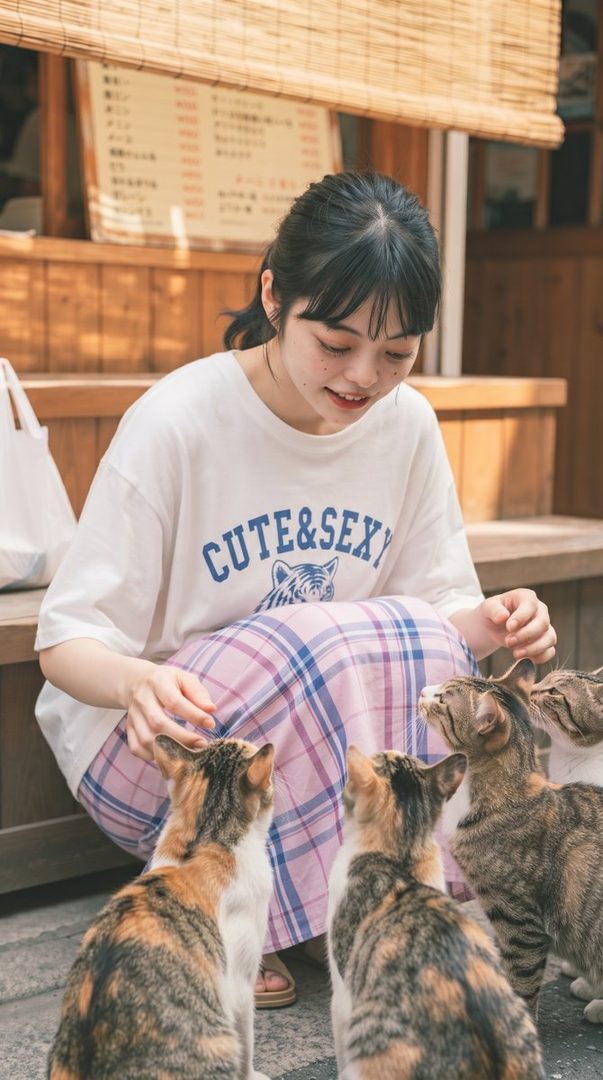 A young woman with black hair, wearing a white t-shirt with 'CUTE & SEXY' printed on it and a pink and blue plaid skirt, crouches down to feed several cats.